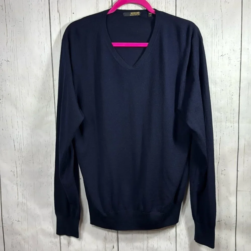 Murano Mens 100% Merino Wool Italian Yarn V Neck Blue Cozy Soft Warm Sweater